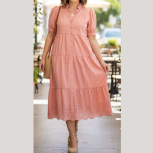 River Island Tiered Midi Maxi Dress Orange Eyelet Women’s 14 Cotton Button Down